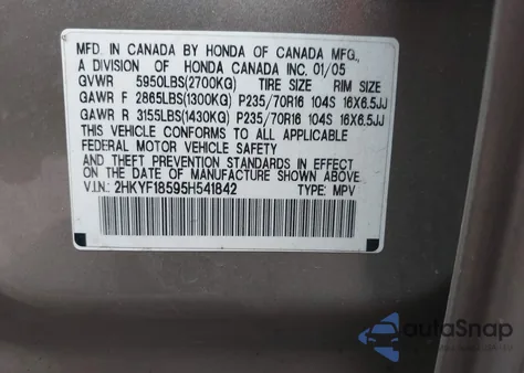 2005 Honda Pilot Ex-L z USA, uszkodzony, nr VIN 2HKYF18595H541842